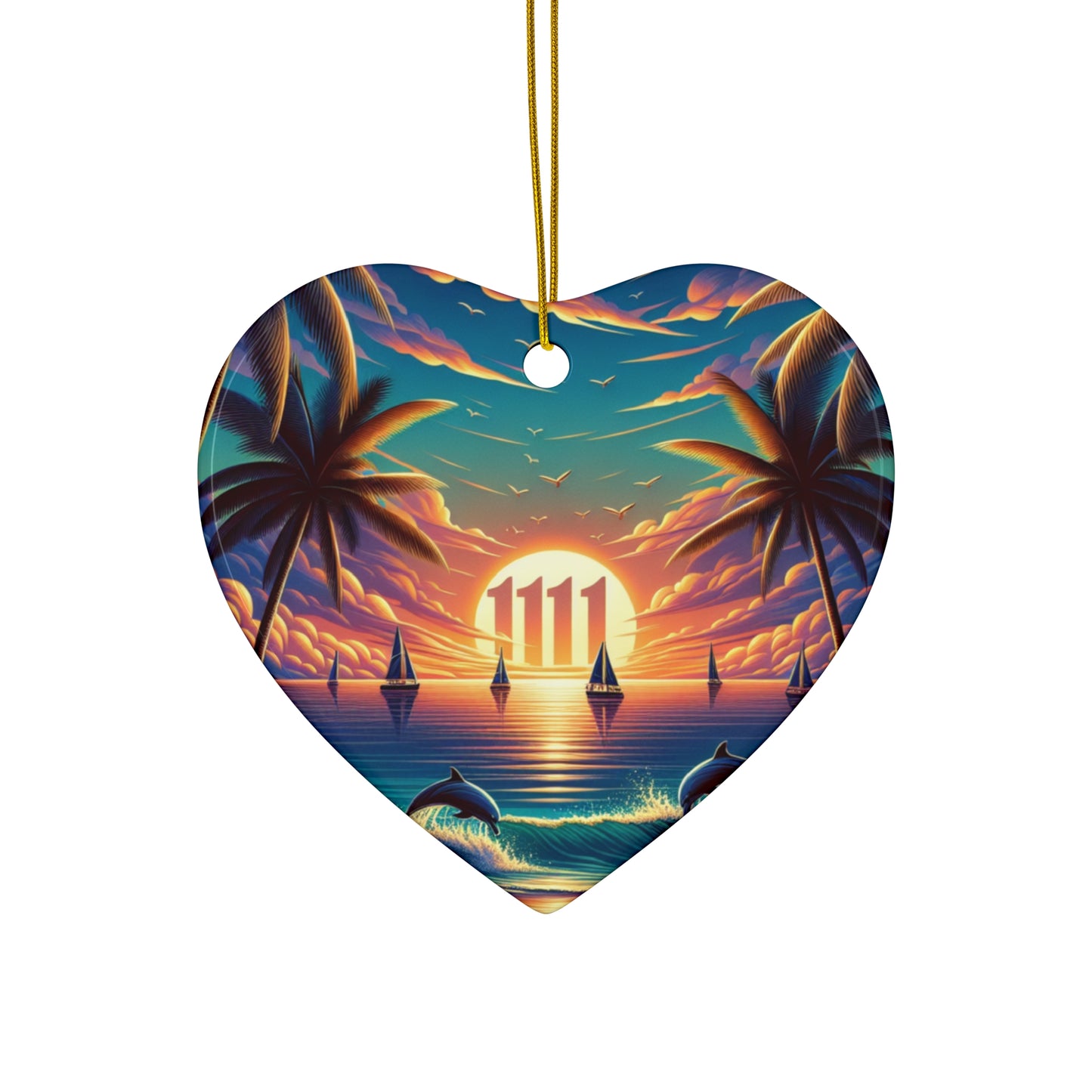 Ceramic Ornament Star, Heart, Snowflake or Circle 1111 "Paradise Kissed: Tropical Twilight" - Tropical Beach Sunset with Palm Trees, Dolphins, and Sailboats