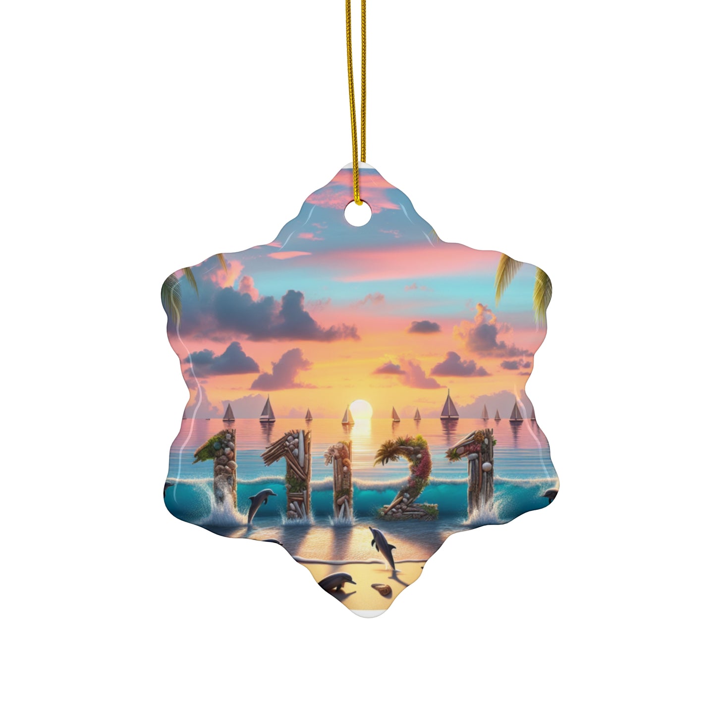 Ceramic Ornament Star, Heart, Snowflake or Circle 1111 "Paradise Twilight: An Ode to Tropical Serenity" - Tropical Beach Sunset with Palm Trees, Dolphins, and Sailboats