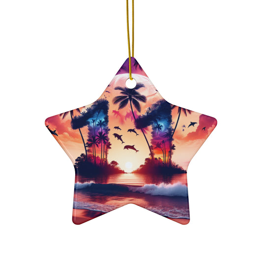 Ceramic Ornament Star, Heart, Snowflake or Circle 1111 "Paradise Dusk: A Tropical Serenity" - Tropical Beach Sunset with Palm Trees, Dolphins, and Sailboats