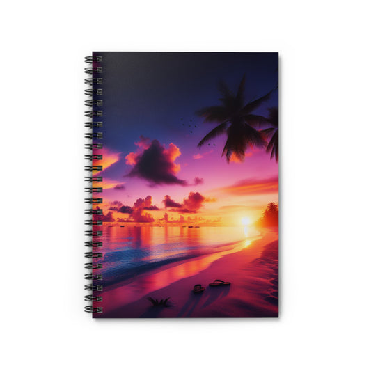 "Paradise Serenity: A Tropical Sunset Symphony" - Spiral Notebook with Ruled Lines and Tropical Beach Sunset Palm Trees Art