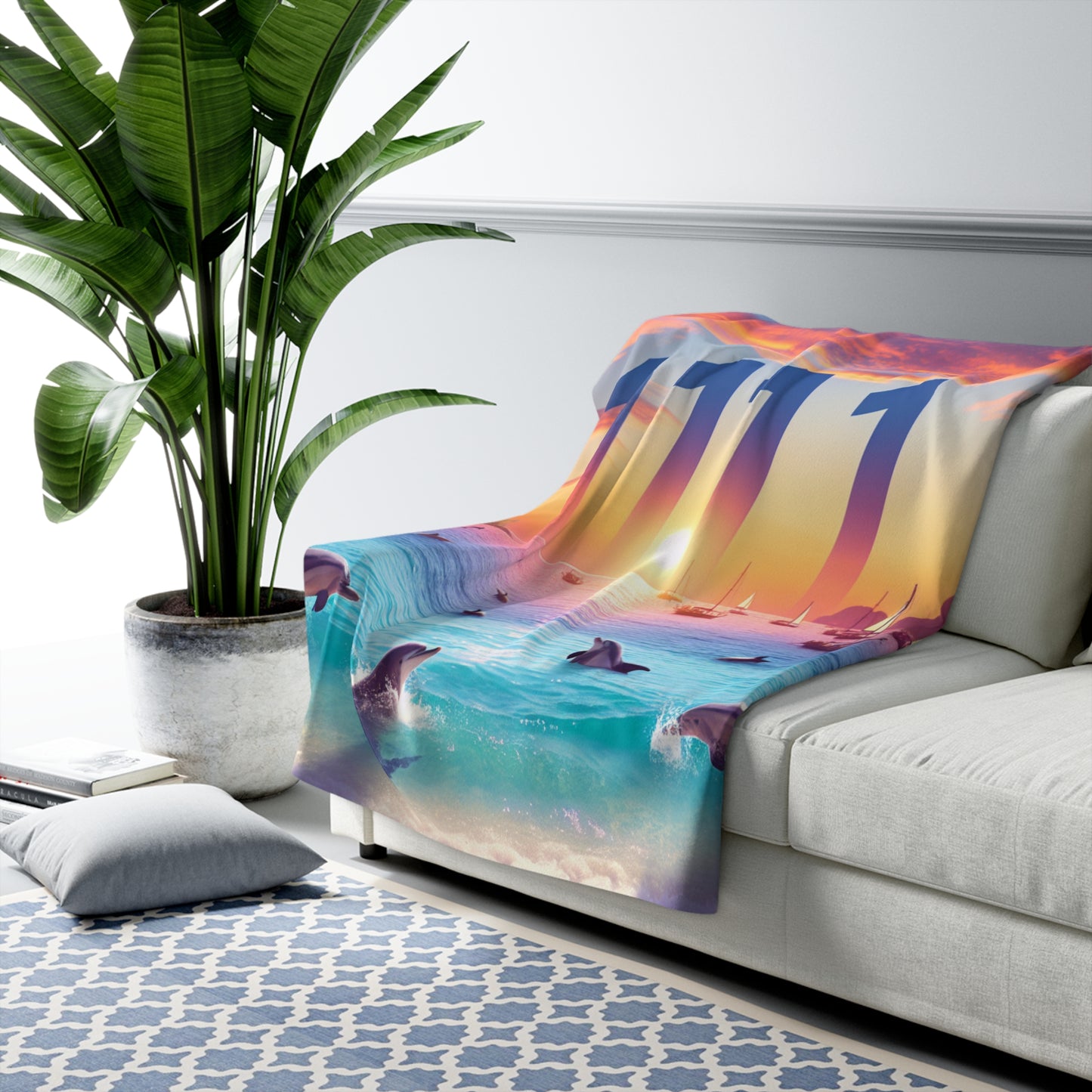 Sherpa Blanket with Tropical Beach and Angel Number 1111, Dolphins Sailboats, Positive Mindset Reminder, Visualization Goals Affirmation,