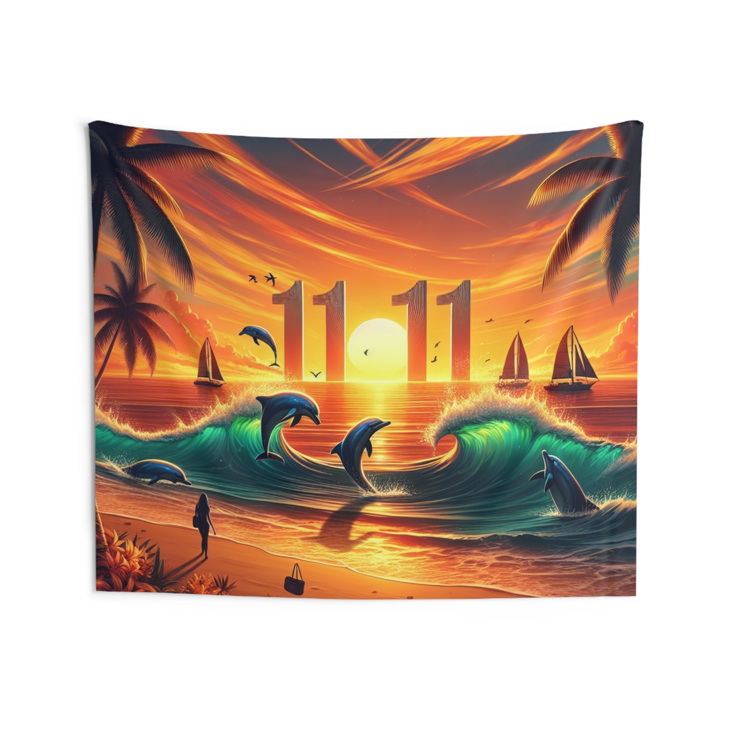 Tropical Beach Sunset Dolphins Sailboats Angel Number 1111 Indoor Wall Tapestries, Ocean Seaside Hanging Art, Positive Mindset Reminder