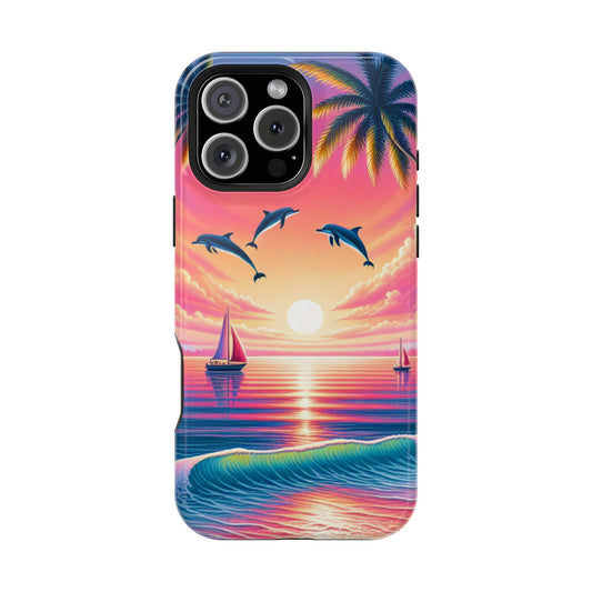 Magnetic Iphone 16 15 14 13 Pro and Max "Sunset Serenity: Tropical Paradise" - Tough Phone Case with Tropical Beach Sunset Dolphins ande Sailboats HD Art