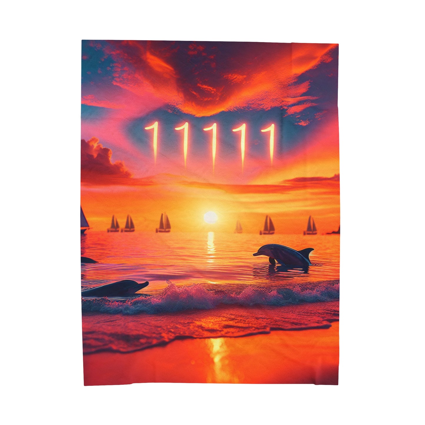 Velveteen Plush Blanket - Tropical Beach and Angel Number 11111, Dolphins, Sailboats - Positive Mindset Reminder, Visualization, Law of