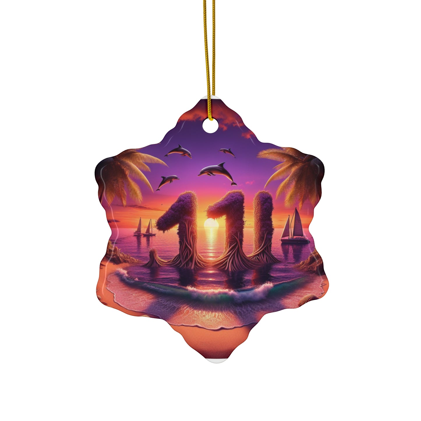 Ceramic Ornament Star, Heart, Snowflake or Circle 1111 "Paradise Pursuit: A Tropical Twilight Masterpiece" - Tropical Beach Sunset with Palm Trees, Dolphins, and Sailboats