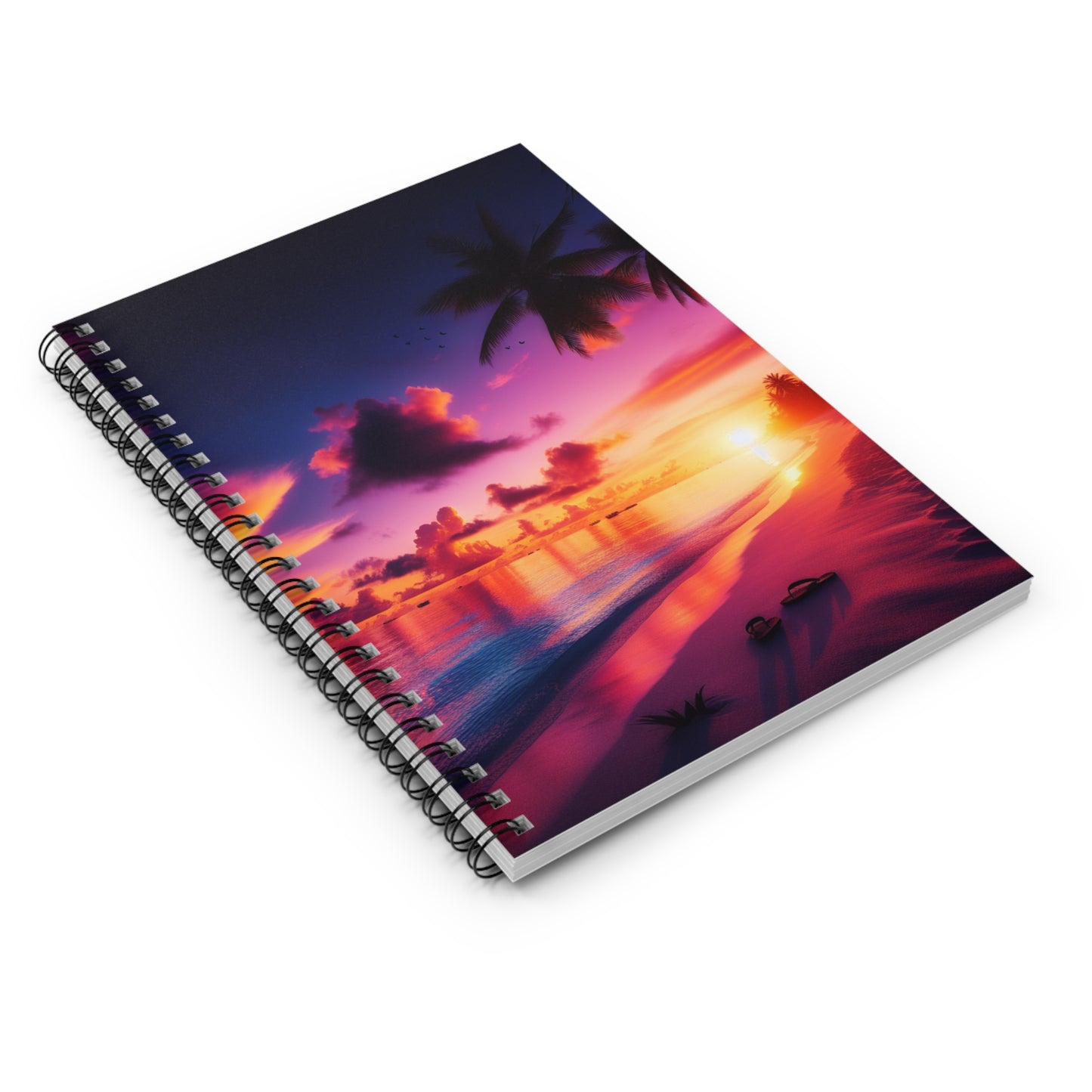 "Paradise Serenity: A Tropical Sunset Symphony" - Spiral Notebook with Ruled Lines and Tropical Beach Sunset Palm Trees Art