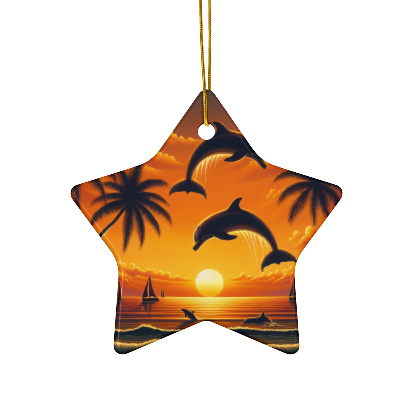 Ceramic Ornament Star, Heart, Snowflake or Circle 1111 "Paradise Found: Tropics at Twilight" - Tropical Beach Sunset with Palm Trees, Dolphins, and Sailboats