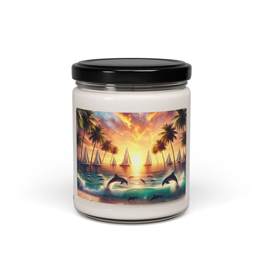 Scented Candle 9 Flavors "Dolphin Delight: A Tropical Sundown Symphony" - 1111 Tropical Beach Sunset with Palm Trees, Dolphins, and Sailboats Art