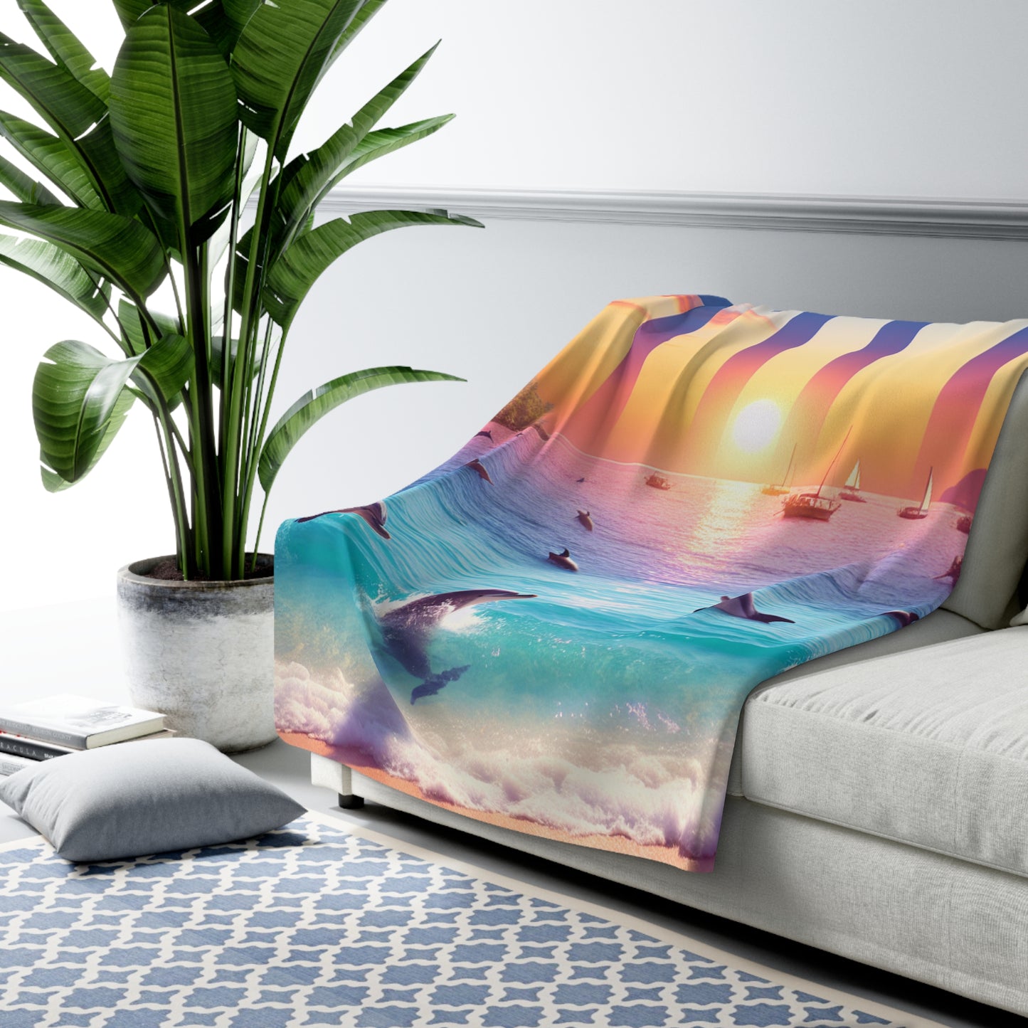 Sherpa Blanket with Tropical Beach and Angel Number 1111, Dolphins Sailboats, Positive Mindset Reminder, Visualization Goals Affirmation,