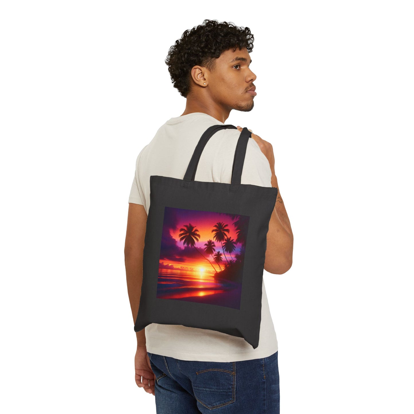 "Paradise Twilight: A Tropical Beach Sunset Serenade" - Natural or Black Cotton Canvas Tote Bag with Tropical Beach Sunset and Palm Trees