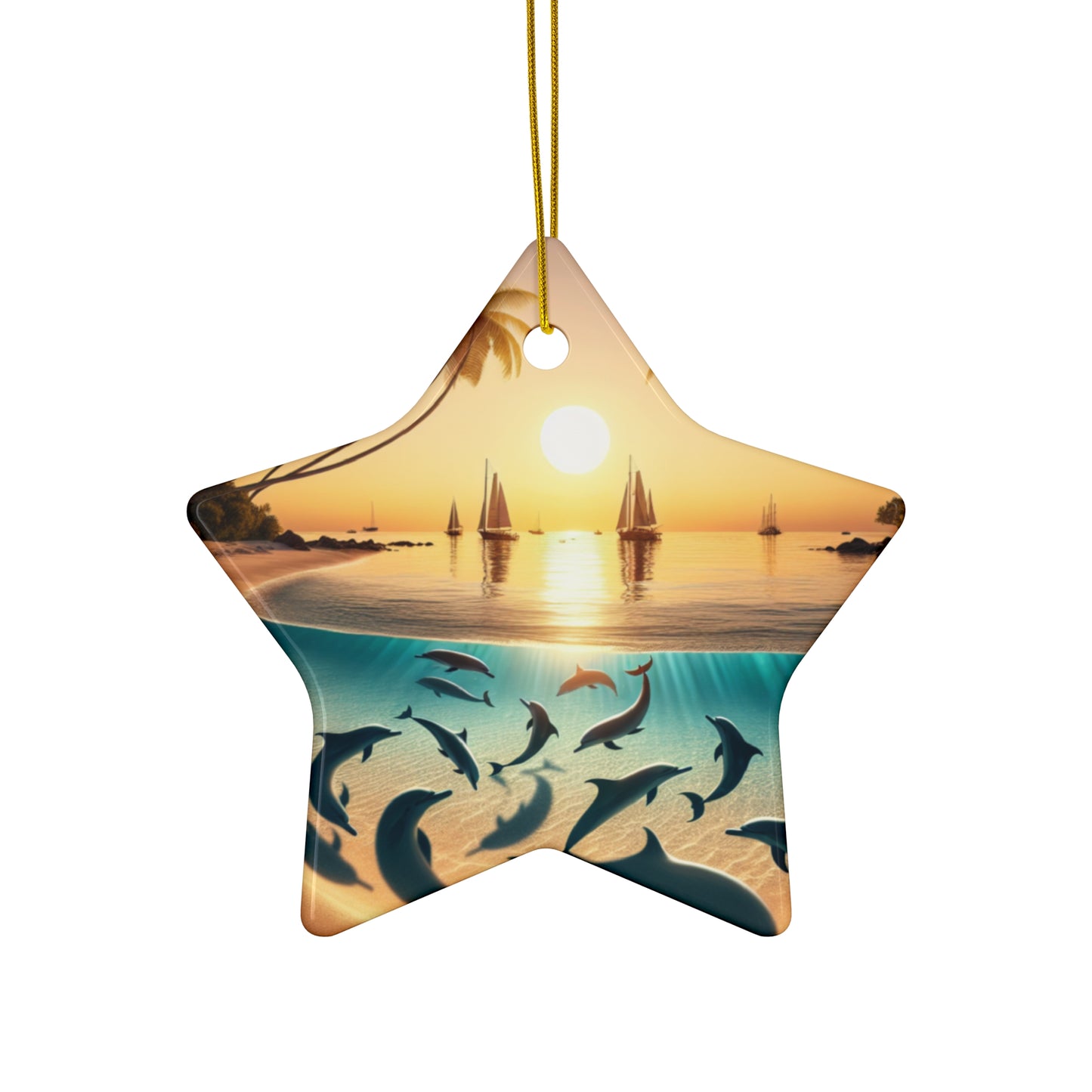 Ceramic Ornament Star, Heart, Snowflake or Circle 1111 "Paradise Serenade: A Tropical Sundown Symphony" - Tropical Beach Sunset with Palm Trees, Dolphins, and Sailboats