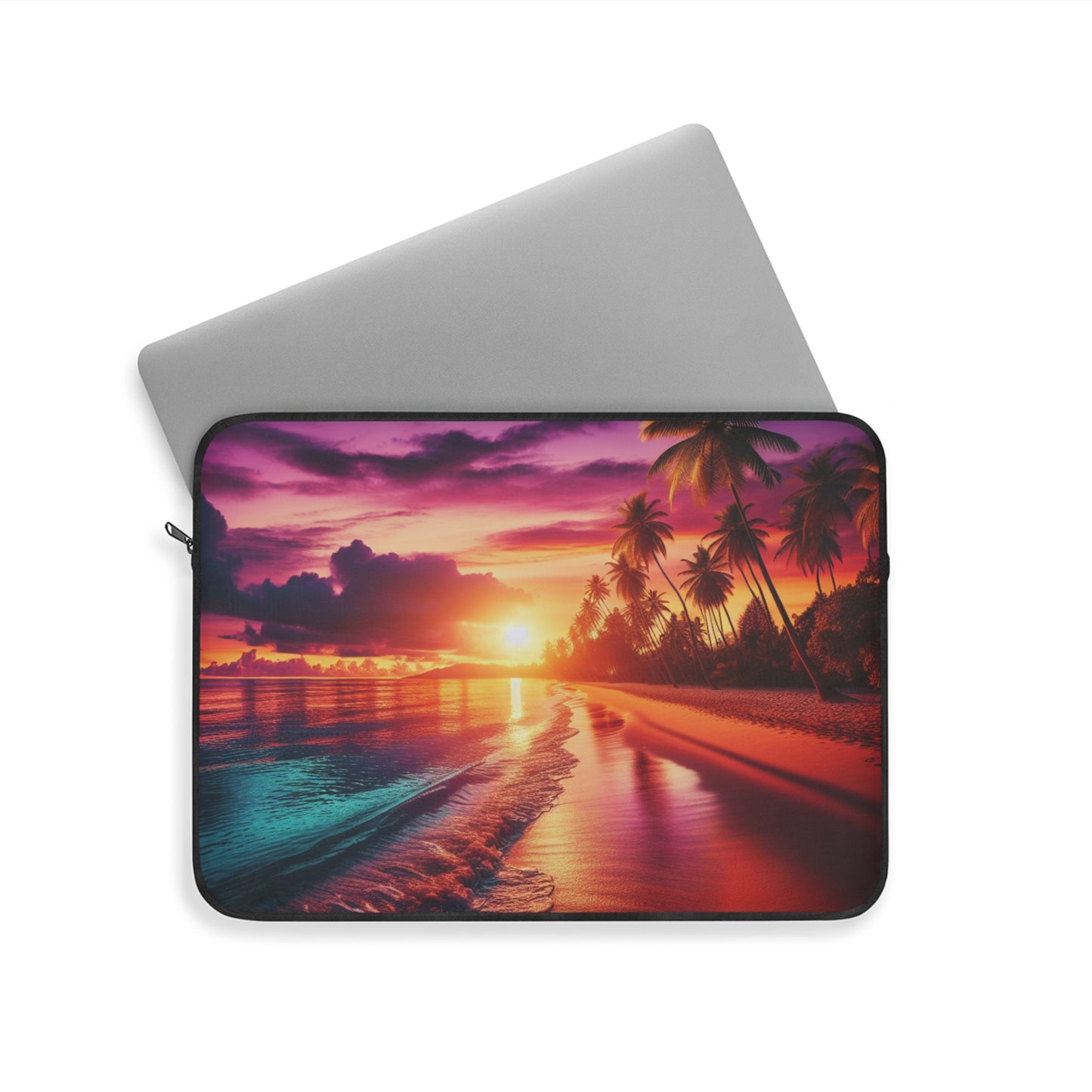 "Paradise Bliss: A Tropical Sundown Symphony" - Laptop Sleeve with Tropical Beach Sunset with Palm Trees Art