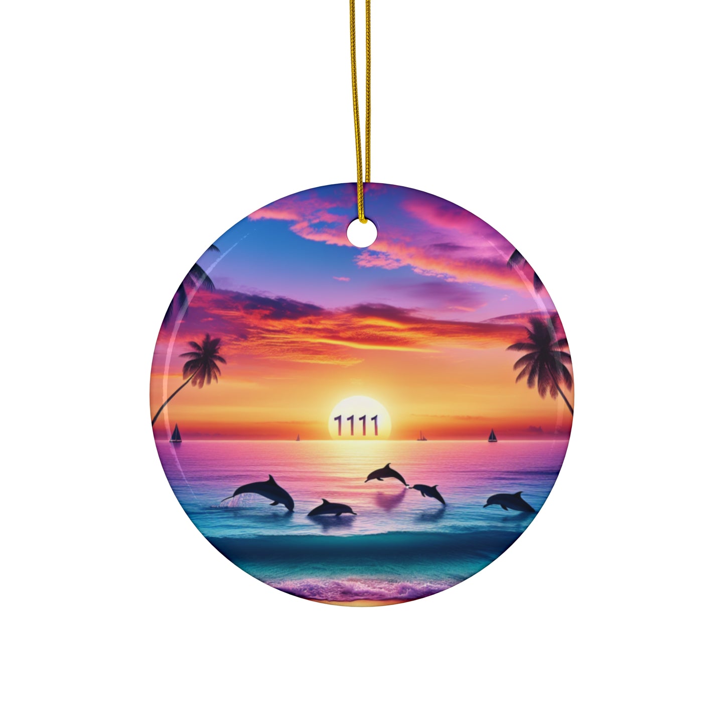 Ceramic Ornament Star, Heart, Snowflake or Circle 1111 "Serenity Sands: A Tropical Twilight Masterpiece" - Tropical Beach Sunset with Palm Trees