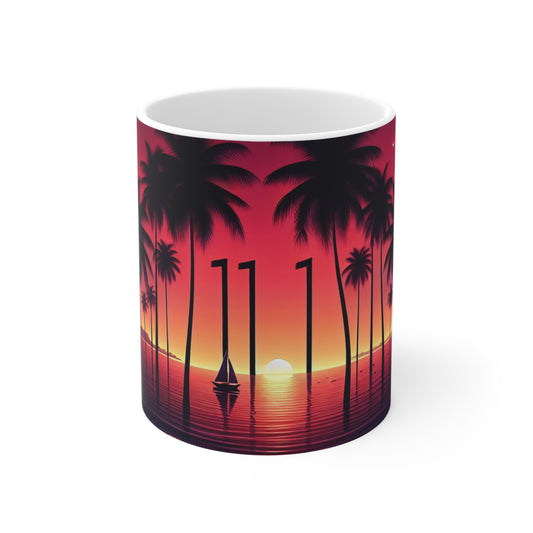 11oz Mug "Paradise Echo: 1111 Divine Sail at Dusky Dolphin's Cove" - 1111 Tropical Beach Sunset with Palm Trees Dolphins and Sailboats