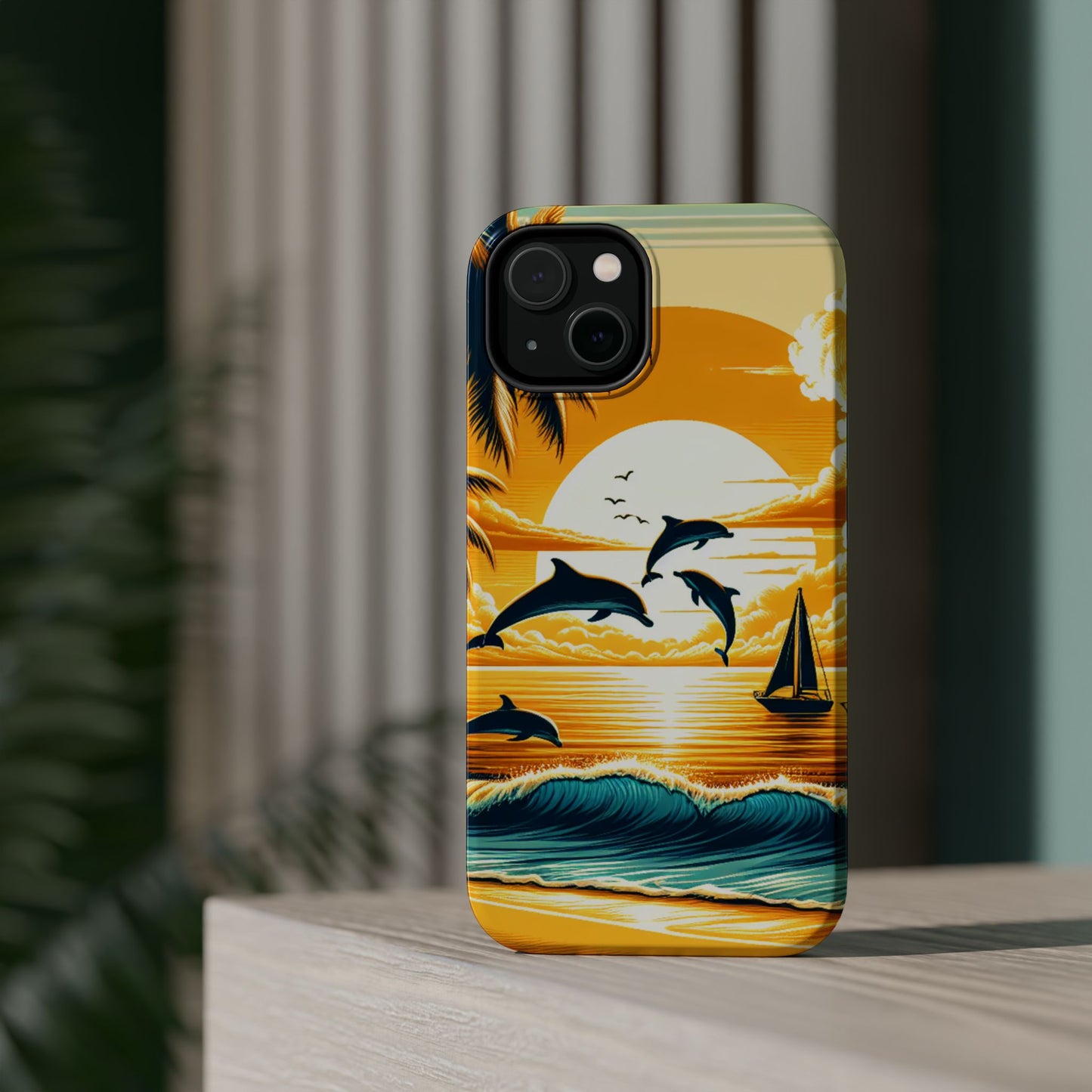 Magnetic Tough Phone case for phone 16 15 14 13 Pro Plus and Max 1111 "Sundrenched Serenity: An Enchanting Tropical Sunset" - Tough Phone Case with Tropical Beach Sunset Dolphins ande Sailboats HD Art