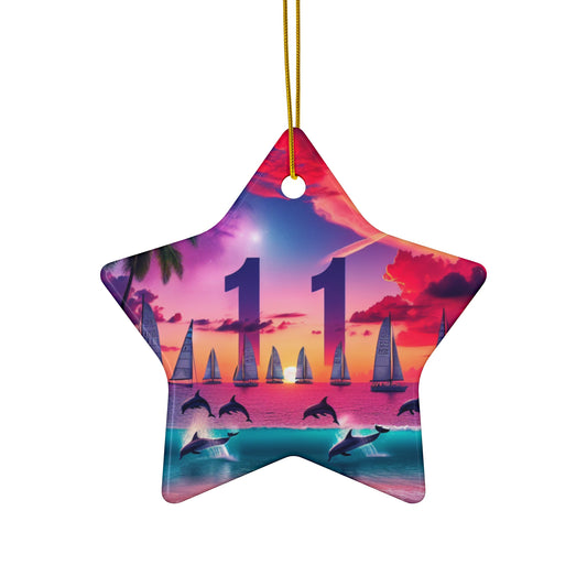 Ceramic Ornament Star, Heart, Snowflake or Circle 1111 "Paradise Luminance: A Tropical Sundown Symphony" - Tropical Beach Sunset with Palm Trees, Dolphins, and Sailboats