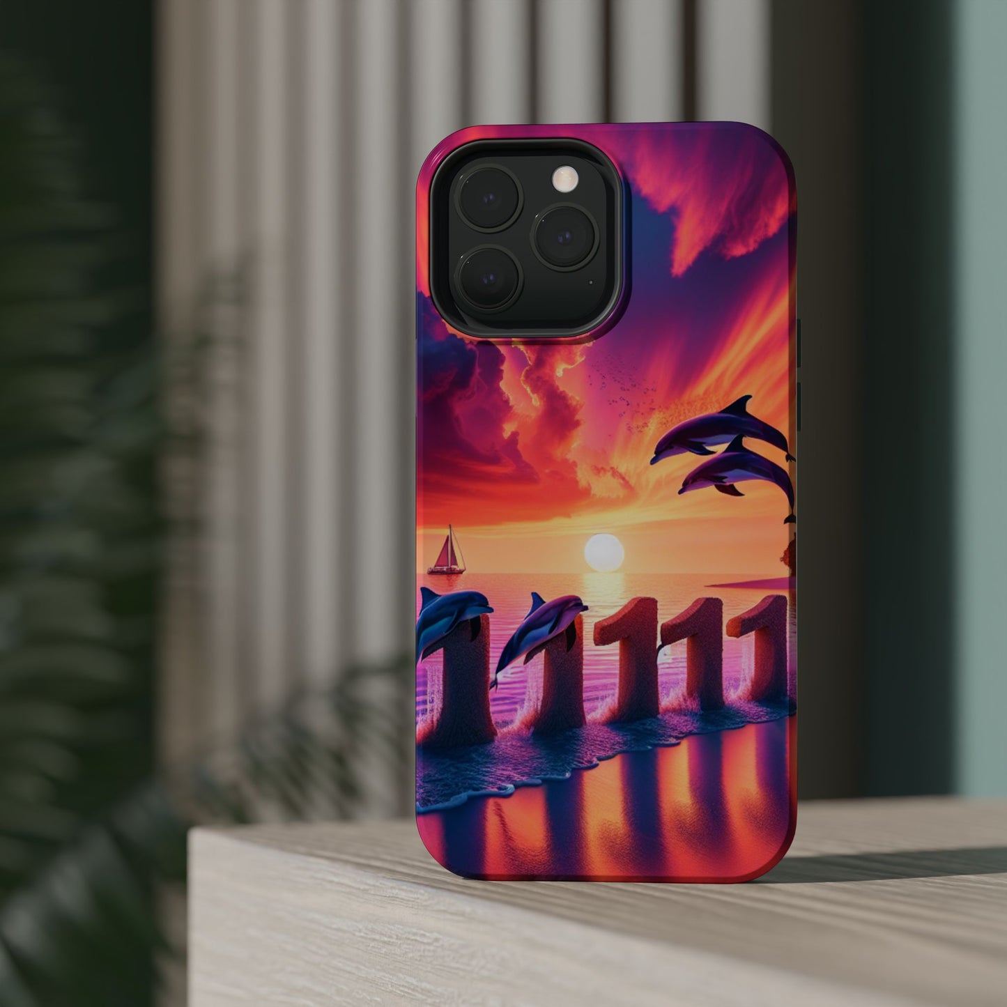 Magnetic Iphone 13-16 Pro and Max 1111 "Paradise Twilight: A Tropical Beach Sunset Symphony" - Tough Phone Case with Tropical Beach Sunset Dolphins ande Sailboats HD Art