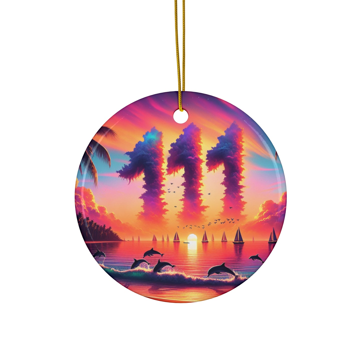 Ceramic Ornament Star, Heart, Snowflake or Circle 1111 "Paradise Dusk: An Ode to the Tropical Serenity" - Tropical Beach Sunset with Palm Trees, Dolphins, and Sailboats