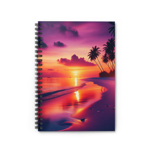 "Paradise Twilight: A Tropical Beach Sunset Symphony" - Spiral Notebook with Ruled Lines and Tropical Beach Sunset Palm Trees Art