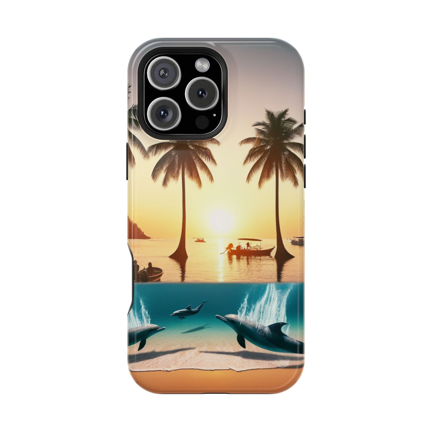 Magnetic Iphone 13-16 Pro and Max 1111 "Sunset Serenity: A Tropical Tapestry" - Tough Phone Case with Tropical Beach Sunset Dolphins ande Sailboats HD Art