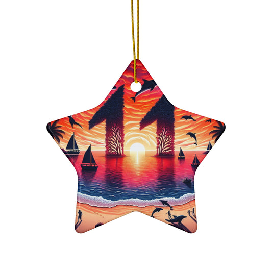 Ceramic Ornament Star, Heart, Snowflake or Circle 1111 "Paradise Sundown: A Tropical Canopy Illumination" - Tropical Beach Sunset with Palm Trees, Dolphins, and Sailboats