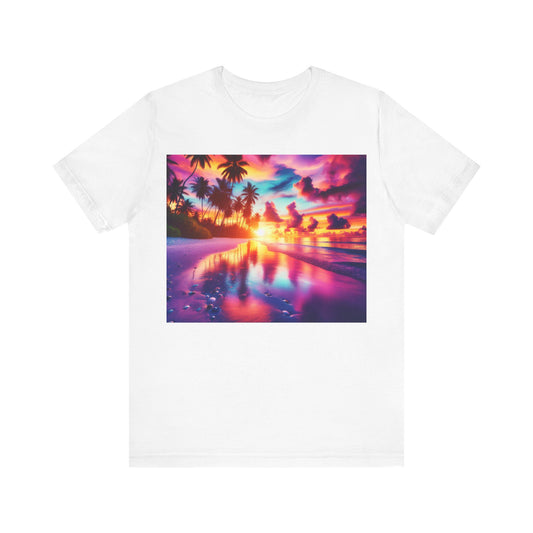 "Paradise Bliss: A Tropical Sunset Serenade" - Tropical Beach Sunset with Palm Trees Unisex Tee