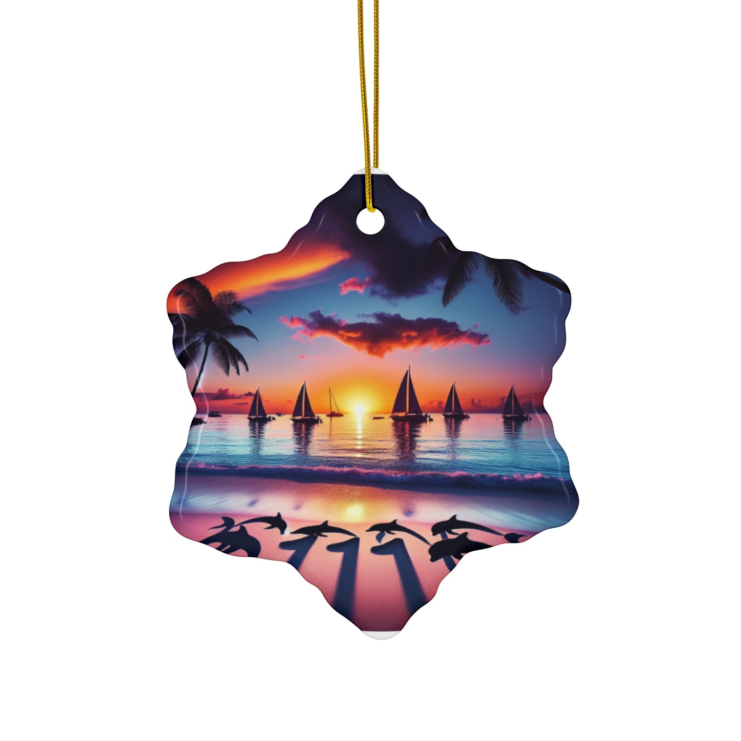 Ceramic Ornament Star, Heart, Snowflake or Circle 1111 "Paradise Serenity: A Tropical Sundown Symphony" - Tropical Beach Sunset with Palm Trees, Dolphins, and Sailboats