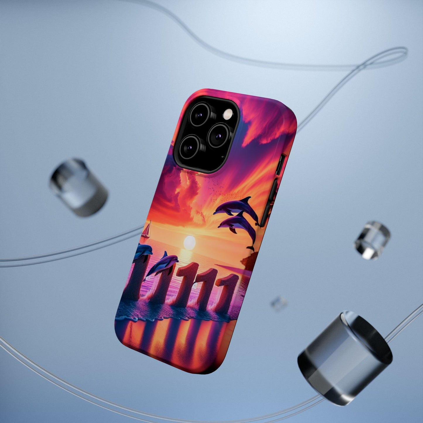 Magnetic Iphone 13-16 Pro and Max 1111 "Paradise Twilight: A Tropical Beach Sunset Symphony" - Tough Phone Case with Tropical Beach Sunset Dolphins ande Sailboats HD Art