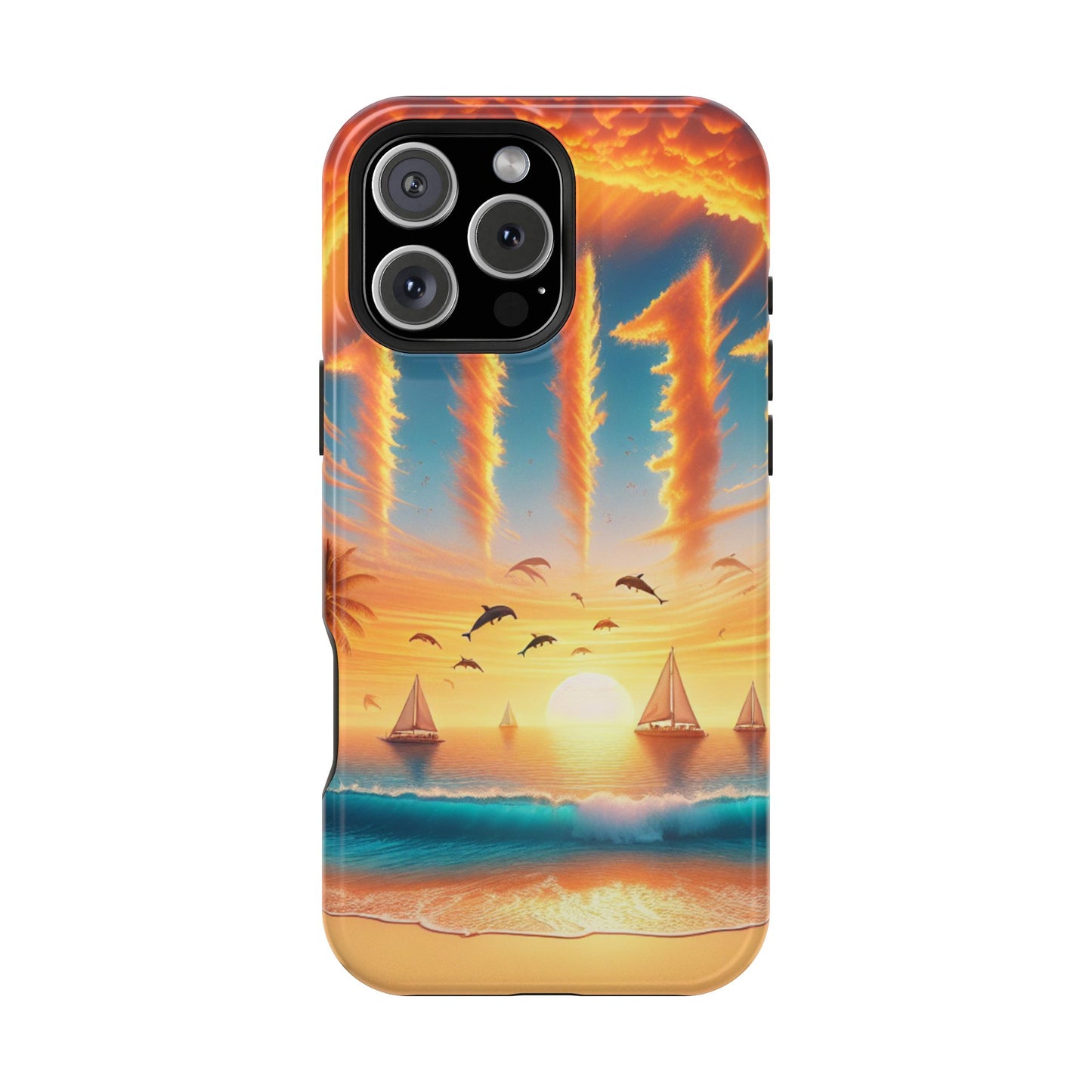 Magnetic Tough Phone case for phone 16 15 14 13 Pro Plus and Max  1111 "Paradise Serenade: Tropical Twilight Symphony" - Tough Phone Case with Tropical Beach Sunset Dolphins ande Sailboats HD Art