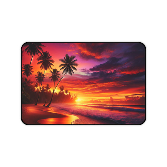 "Serenity Sands: A Tropical Twilight Symphony" - Computer Desk Mat with Vivid Tropical Beach Sunset and Palm Trees Vibes