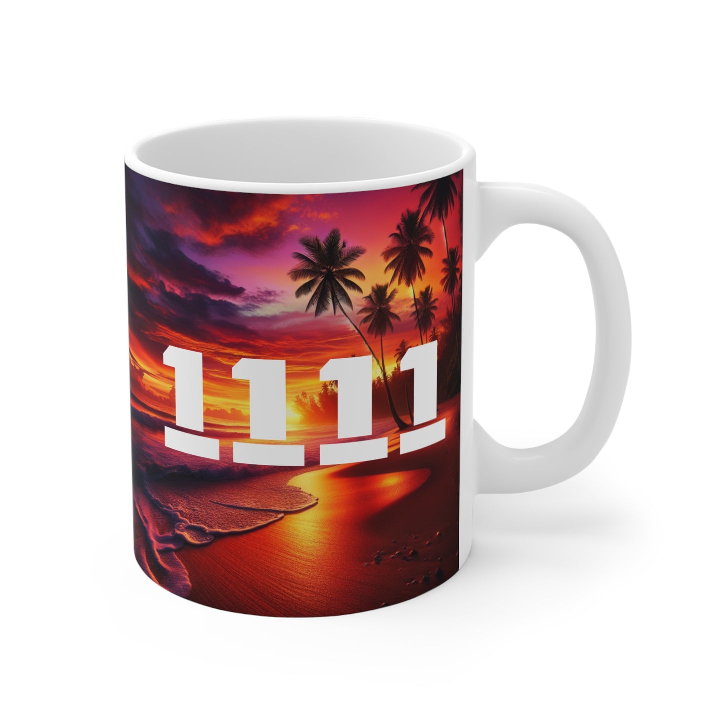 Tropical Sunset Mug, 11oz Coffee Cup with 1111 Angel Numbers, Beach Vibes Drinkware, Summer Gift, Ocean Inspired Tea Mug, Tropical Drink