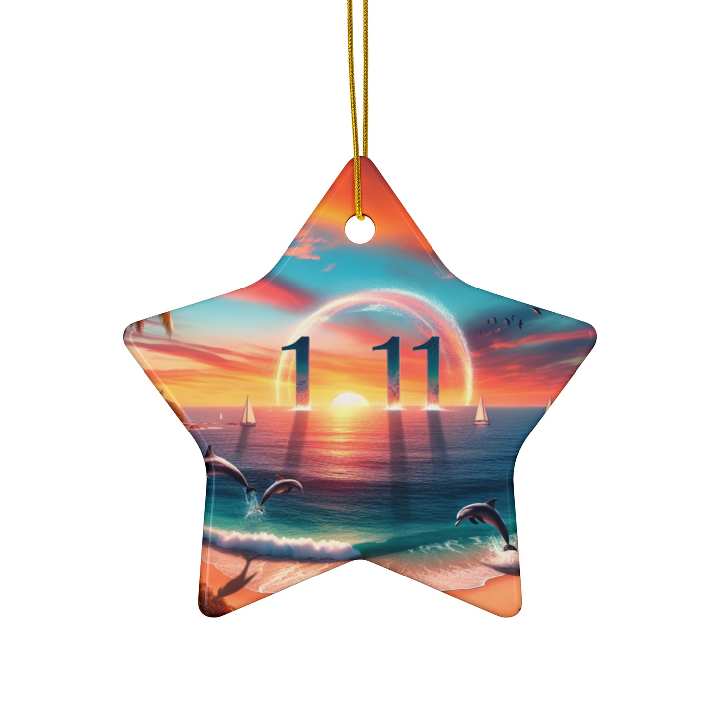 Ceramic Ornament Star, Heart, Snowflake or Circle 1111 "Enchanted Paradise: A Tropical Dusk Symphony" - Tropical Beach Sunset with Palm Trees, Dolphins, and Sailboats