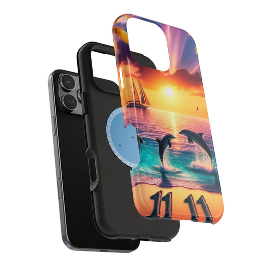 Magnetic Tough Phone case for phone 16 15 14 13 Pro Plus and Max  1111 "Sunset Serenity: A Tropical Paradise" - Tough Phone Case with Tropical Beach Sunset Dolphins ande Sailboats HD Art