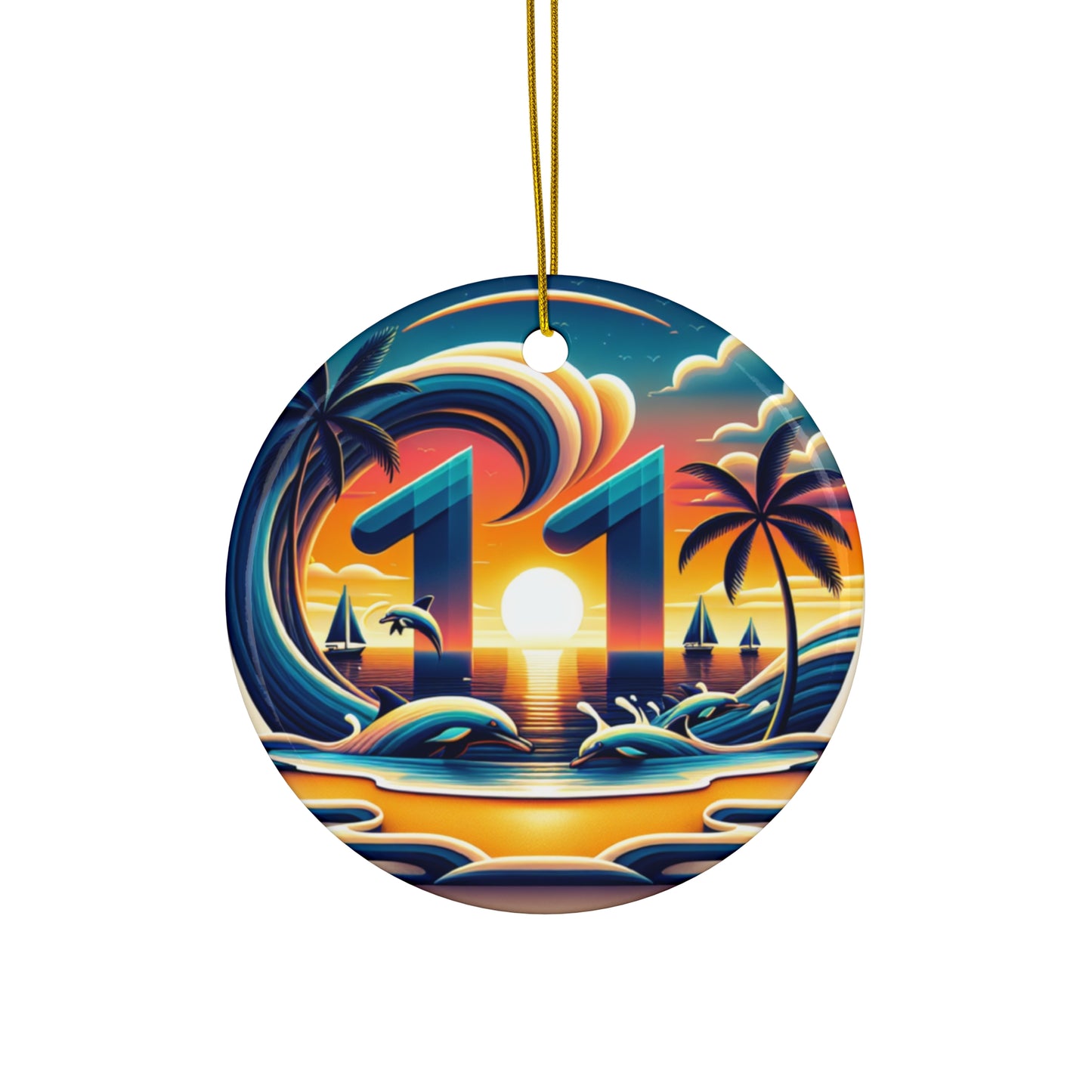 Ceramic Ornament Star, Heart, Snowflake or Circle 1111 "Paradise's Twilight: Tropical Beach Sunset Serenade" - Tropical Beach Sunset with Palm Trees, Dolphins, and Sailboats