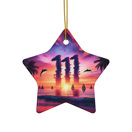 Ceramic Ornament Star, Heart, Snowflake or Circle 1111 "Paradise Twilight: A Tropical Serenade" - Tropical Beach Sunset with Palm Trees, Dolphins, and Sailboats