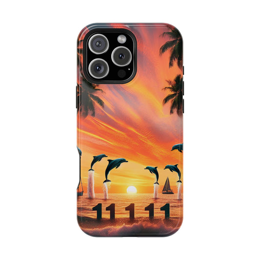 Magnetic Tough Phone case for phone 16 15 14 13 Pro Plus and Max  11111 "Tropical Serenity: Sundown Symphony" - Tough Phone Case with Tropical Beach Sunset Dolphins ande Sailboats HD Art