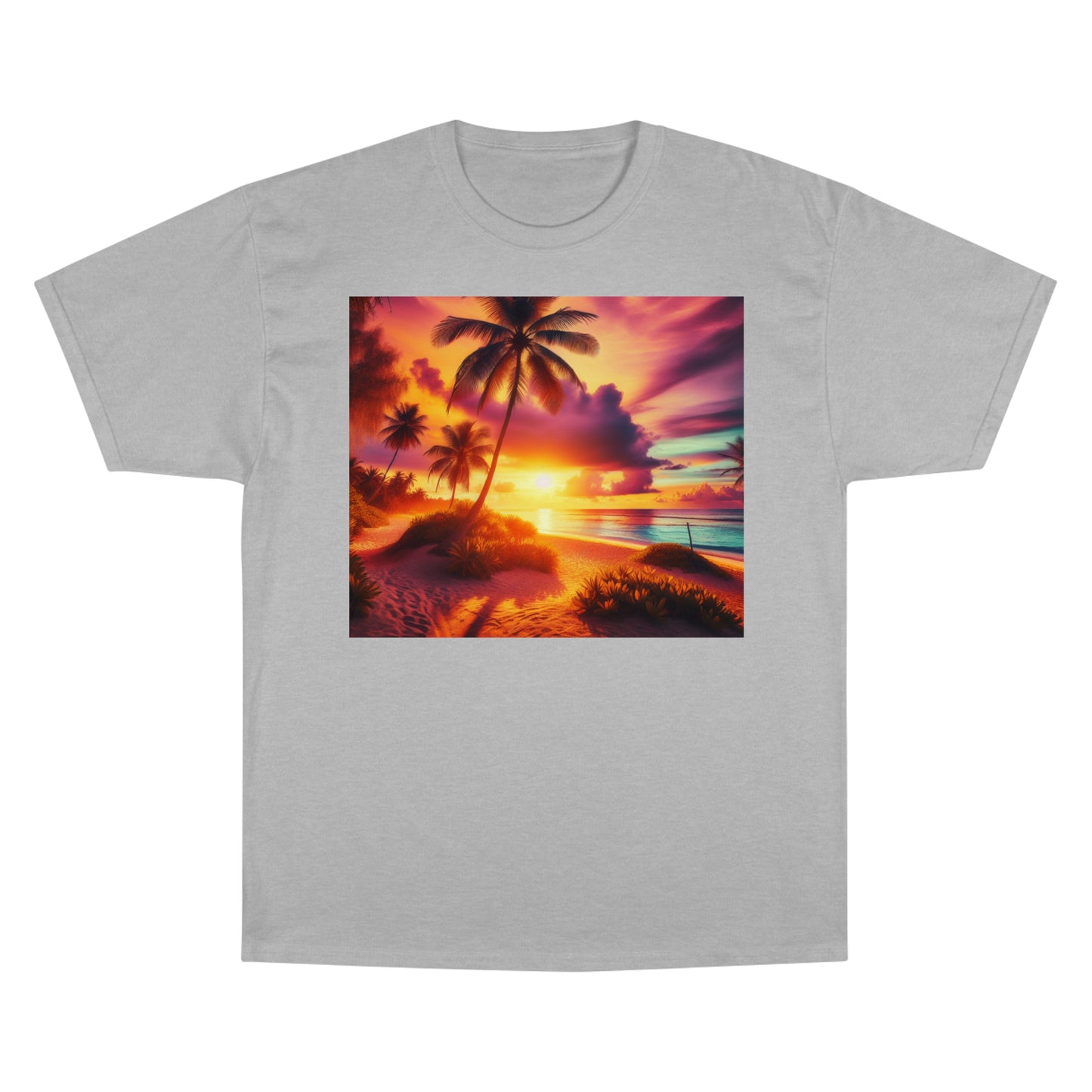 "Paradise Radiance: A Tropical Sunset Symphony" - Champion Tee Tropical Beach Sunset with Palm Trees