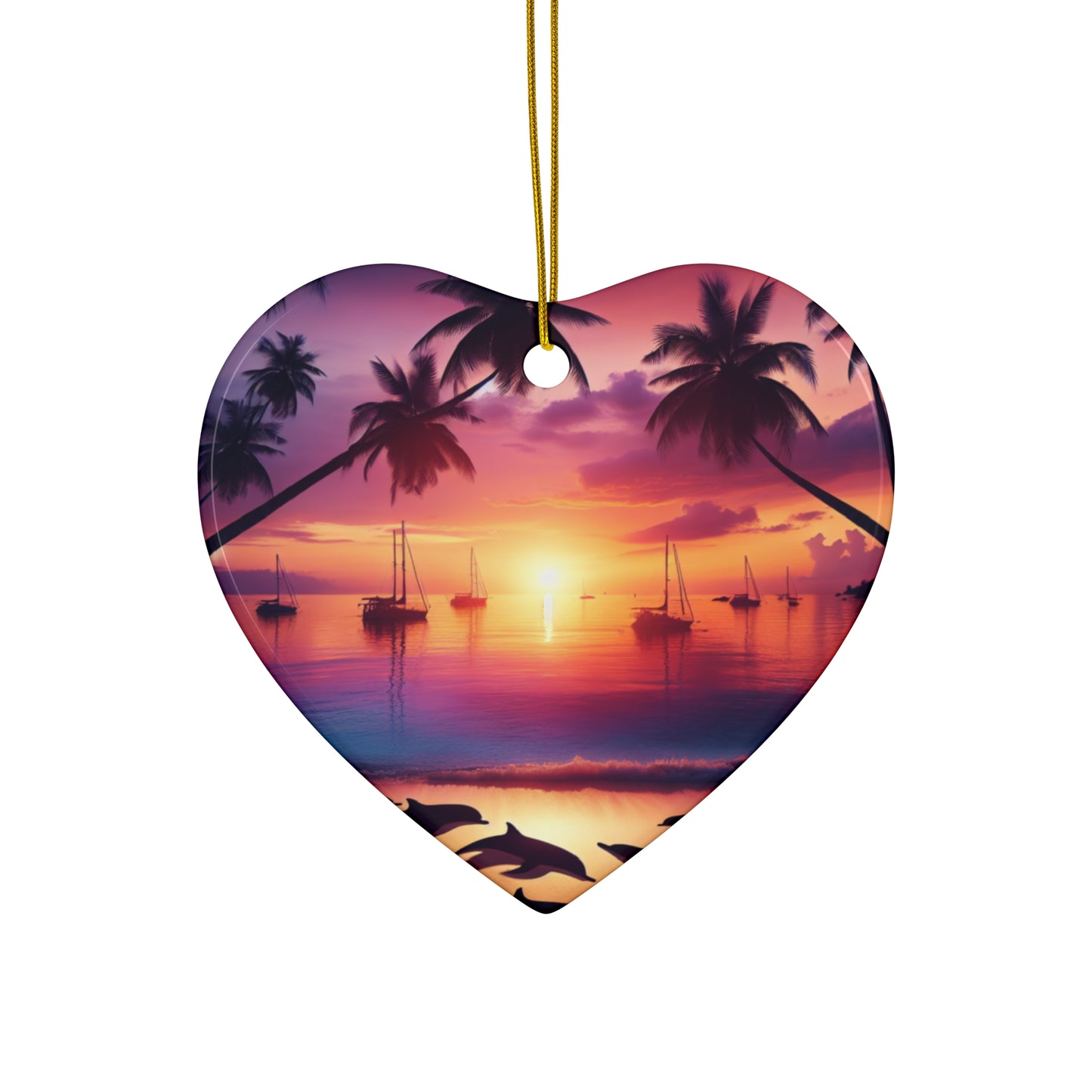 Ceramic Ornament Star, Heart, Snowflake or Circle 1111 "Tropical Twilight Serenade" - Tropical Beach Sunset with Palm Trees, Dolphins, and Sailboats