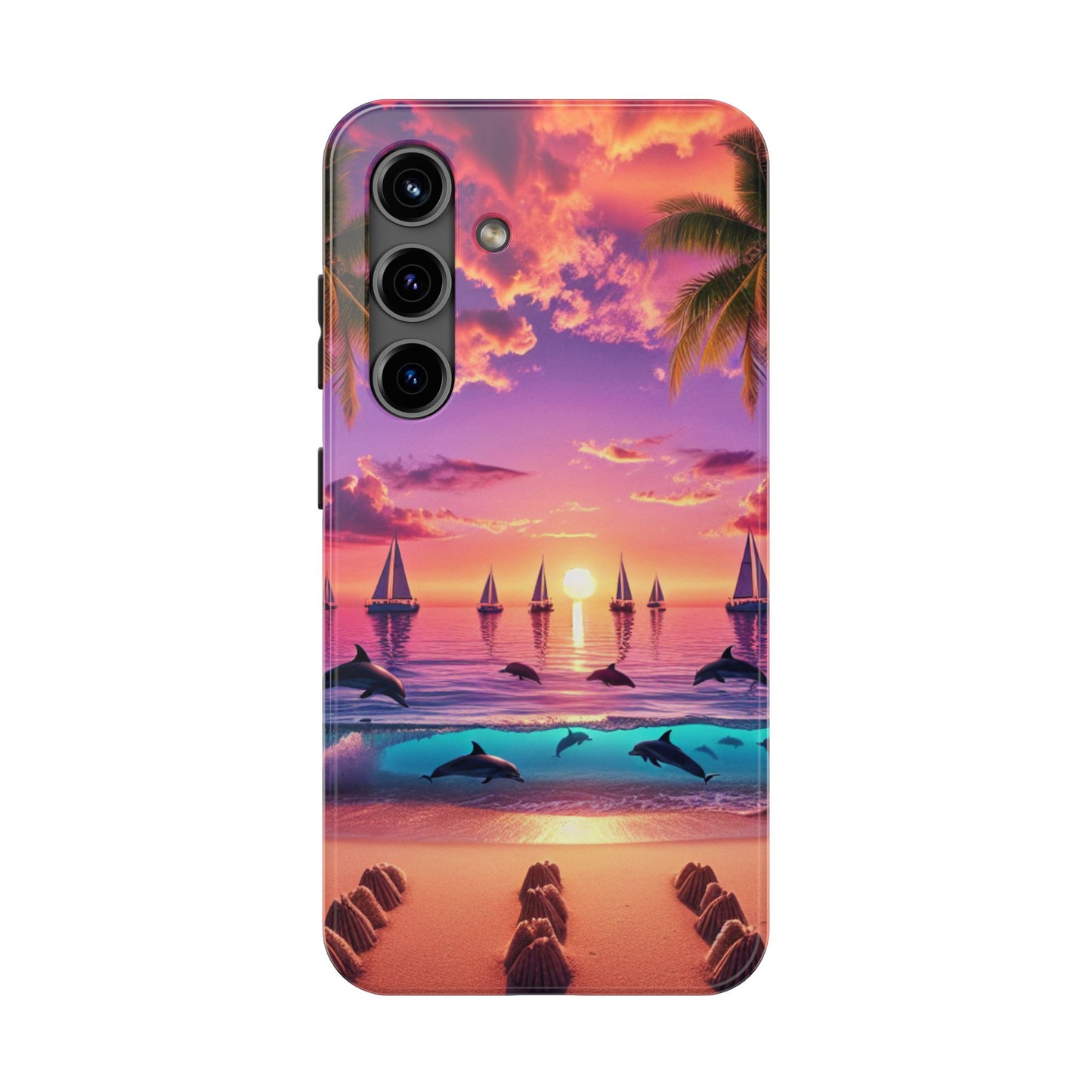 Samsung Galaxy S24 S23 S22 S21 Tough Phone Case "Paradise Twilight: Tropical Serenity" - 1111 Tropical Beach Palm Trees, Dolphins, and Sailboats Art