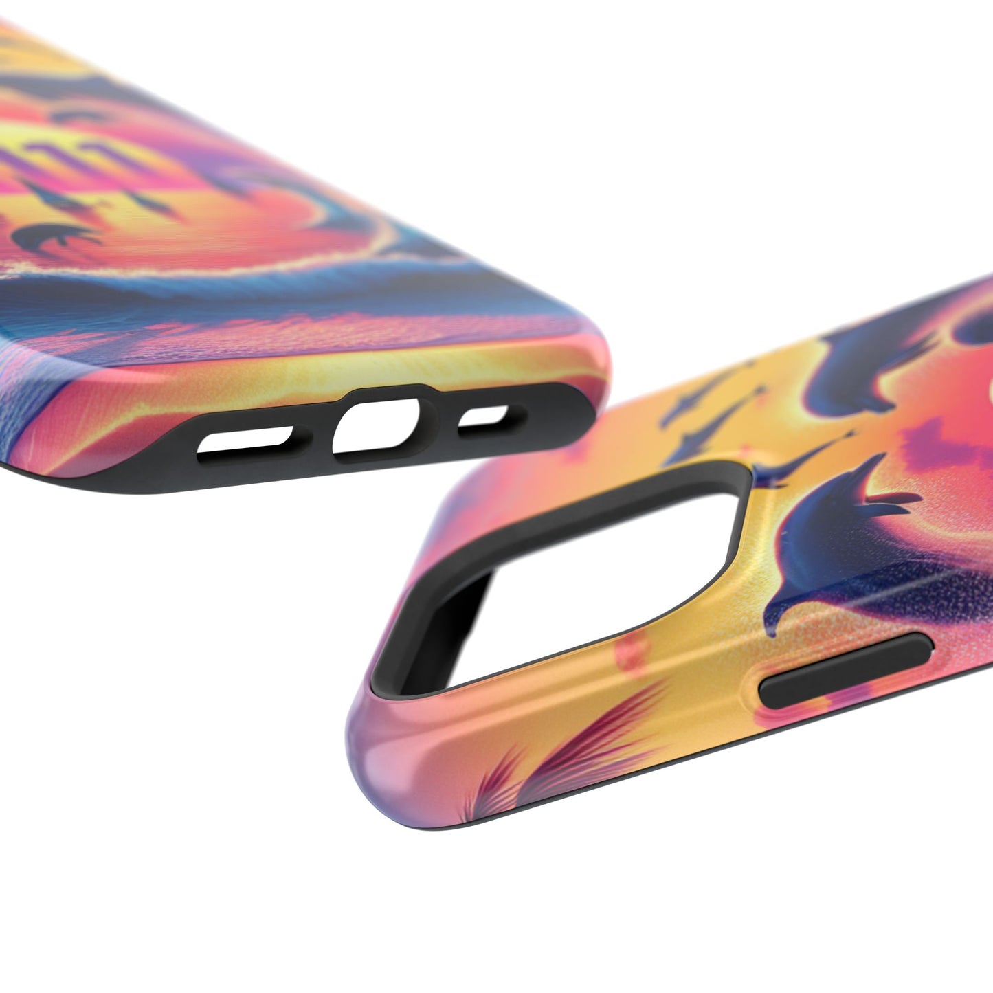 Magnetic Iphone 13-16 Pro and Max 1111 "Paradise Twilight: An Ode to Tropical Serenity" - Tough Phone Case with Tropical Beach Sunset Dolphins ande Sailboats HD Art