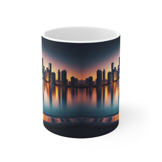 Miami Beach Ocean and City Lights Mirror Reflection at Sunset Art Mug 11oz