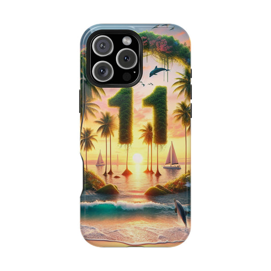 Magnetic Tough Cases, Iphone Case with Tropical Beach Sunset Dolphins and Sailboats HD Art, Angel Number 11, Sundrenched Serenity, Tropical