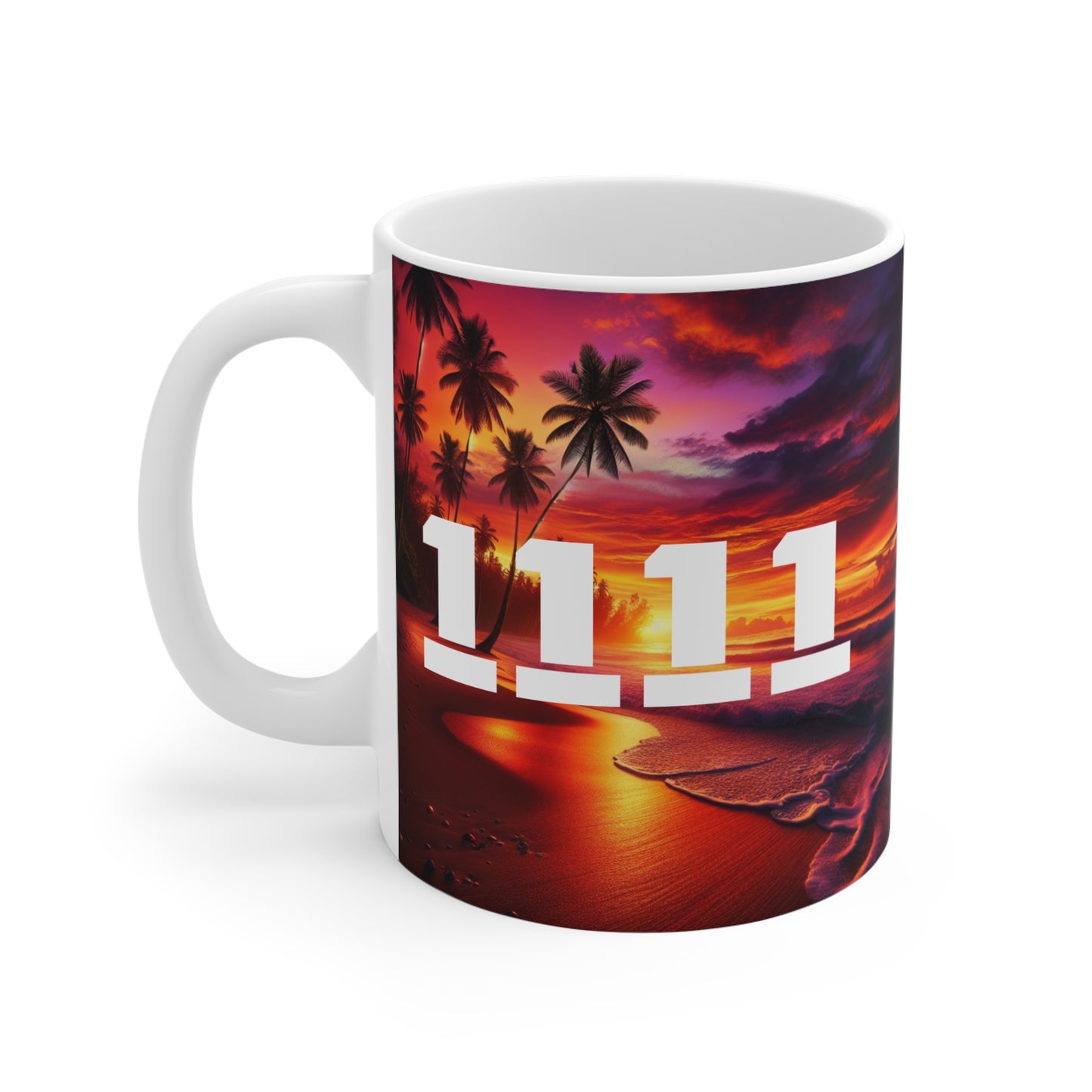 Tropical Sunset Mug, 11oz Coffee Cup with 1111 Angel Numbers, Beach Vibes Drinkware, Summer Gift, Ocean Inspired Tea Mug, Tropical Drink