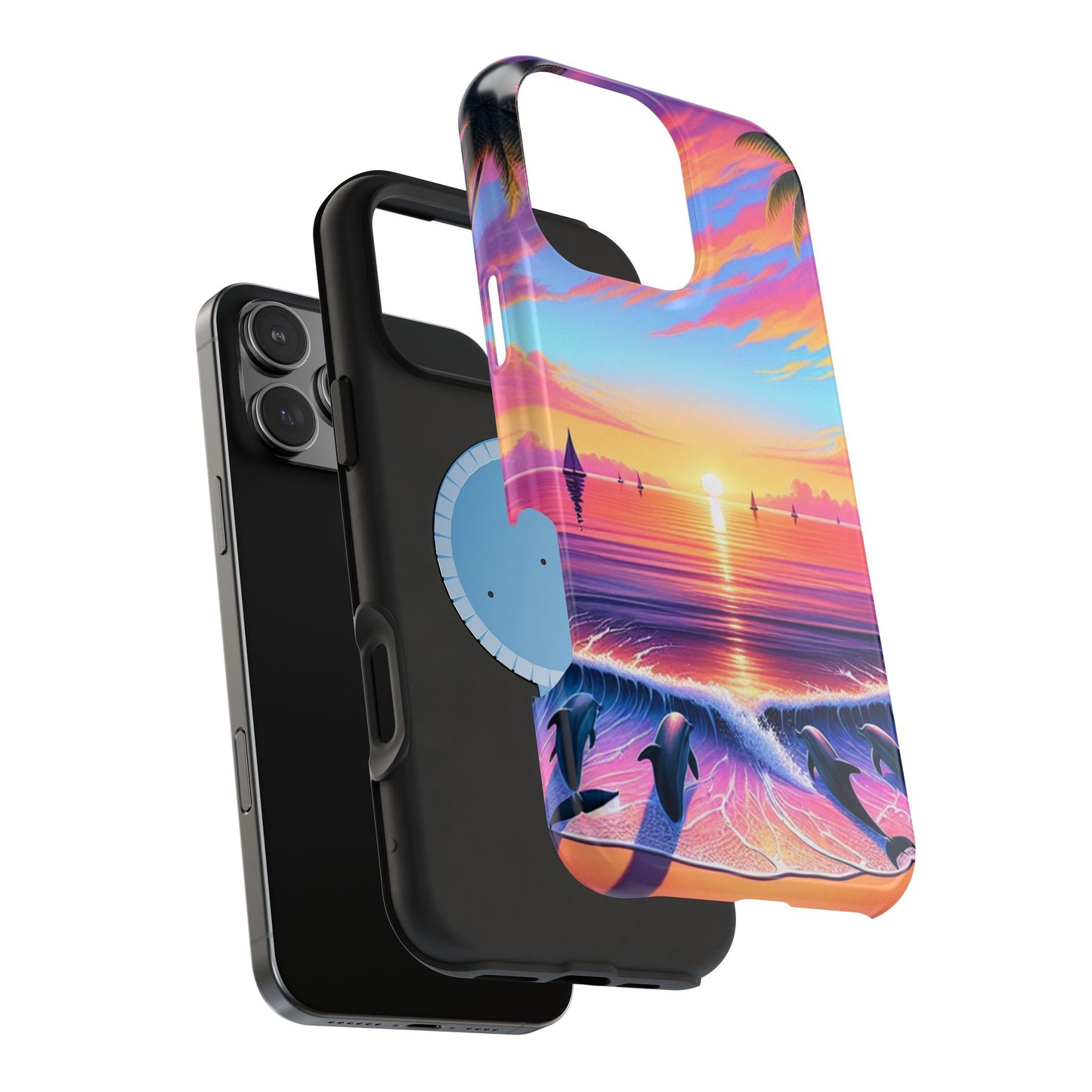 Magnetic Tough Phone case for phone 16 15 14 13 Pro Plus and Max  1111 "Paradise Serenity: A Tropical Twilight Symphony" - Tough Phone Case with Tropical Beach Sunset Dolphins ande Sailboats HD Art