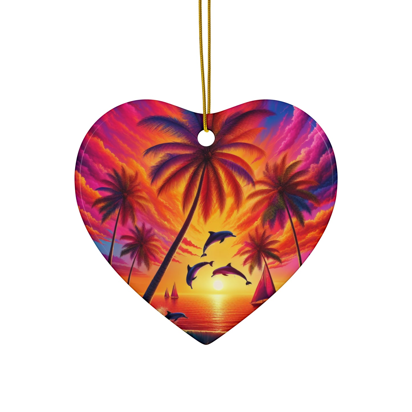 Ceramic Ornament Star, Heart, Snowflake or Circle 1111 "Serenity Sundown: A Tropical Paradise Escape" - Tropical Beach Sunset with Palm Trees