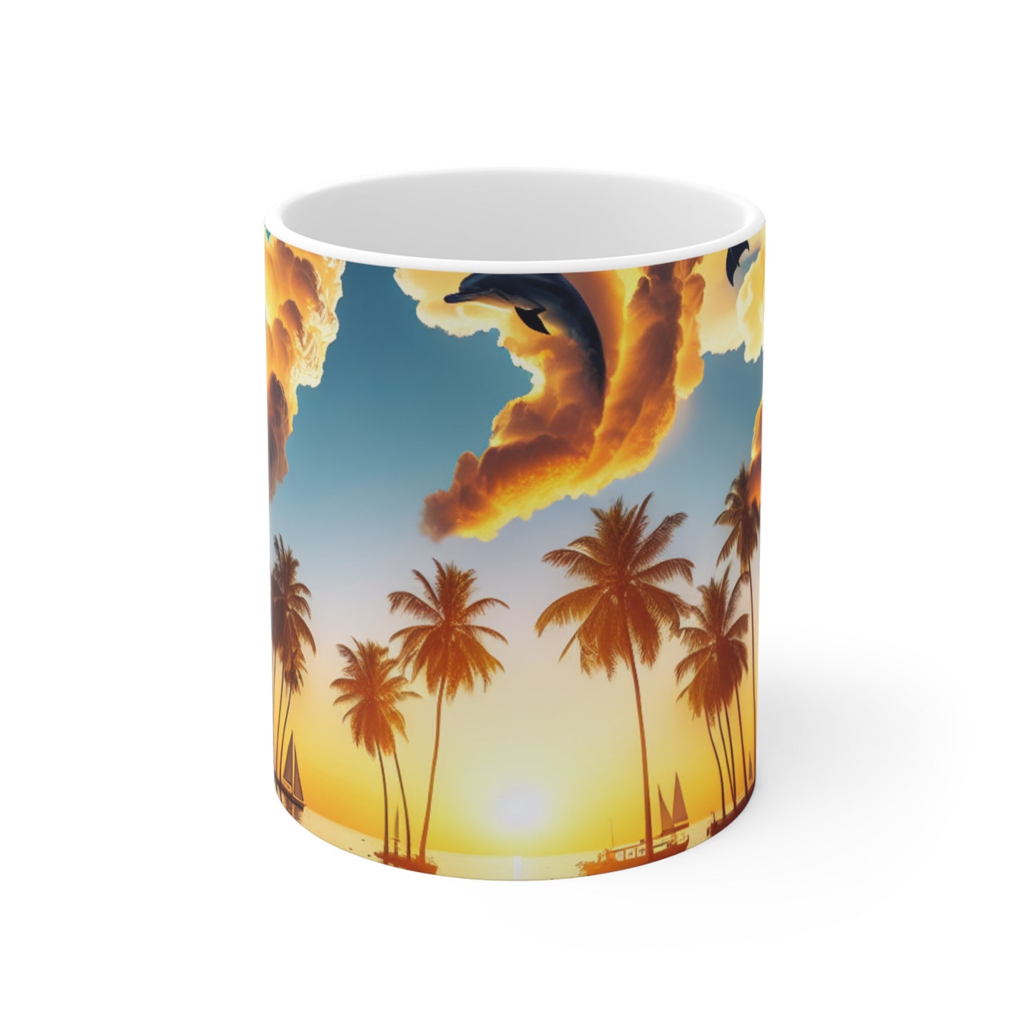 11oz Mug "Serene Visions: Tropical Bliss and Angel Numbers 1111" - 1111 Tropical Beach Sunset with Palm Trees Dolphins and Sailboats