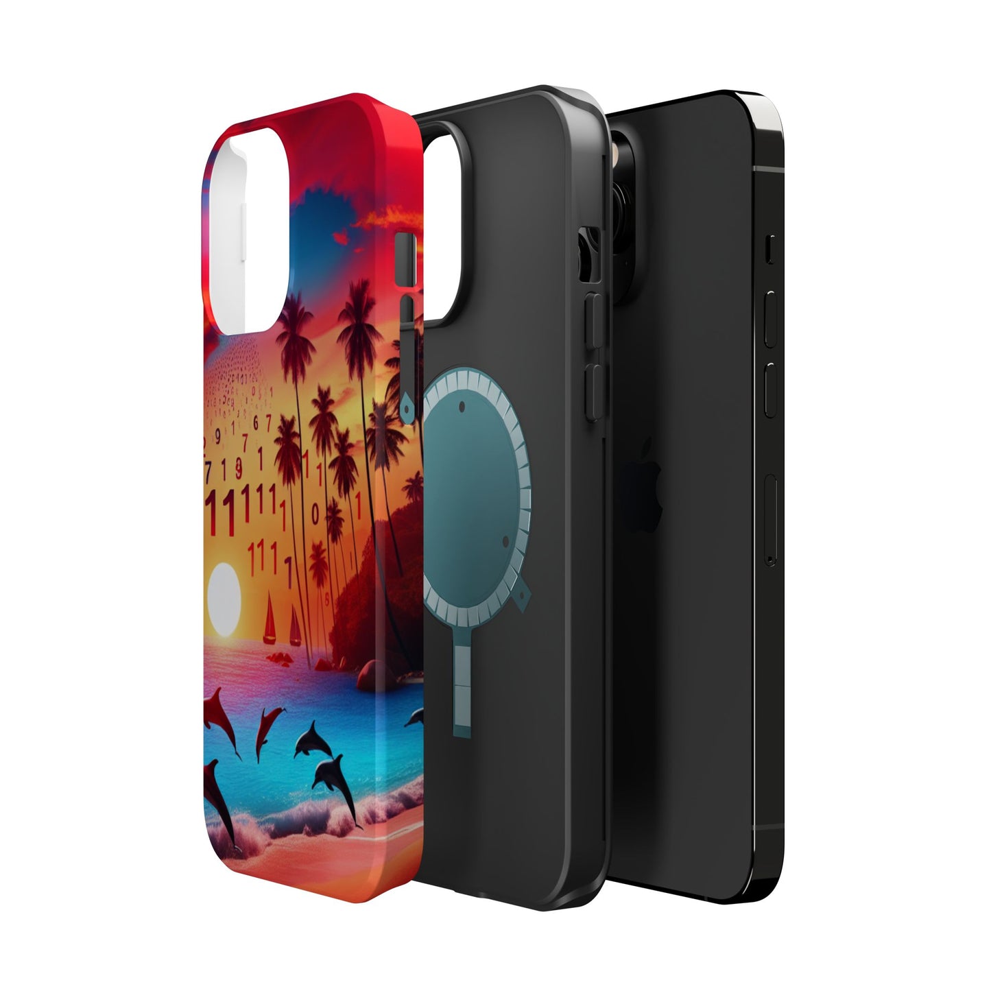 Magnetic Tough Phone case for phone 16 15 14 13 Pro Plus and Max  1111 "Serenity Horizon: Tropical Sundown Symphony" - Tough Phone Case with Tropical Beach Sunset Dolphins ande Sailboats HD Art