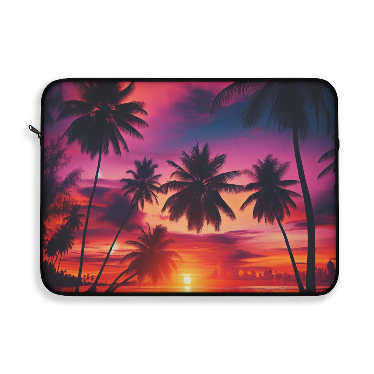 "Paradise Bliss: Tropical Sunset Serenade" - Laptop Sleeve with Tropical Beach Sunset with Palm Trees Art