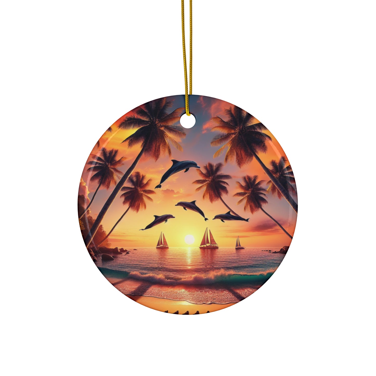 Ceramic Ornament Star, Heart, Snowflake or Circle 1111 "Paradise Bask: An Enchanting Tropical Sundown" - Tropical Beach Sunset with Palm Trees, Dolphins, and Sailboats