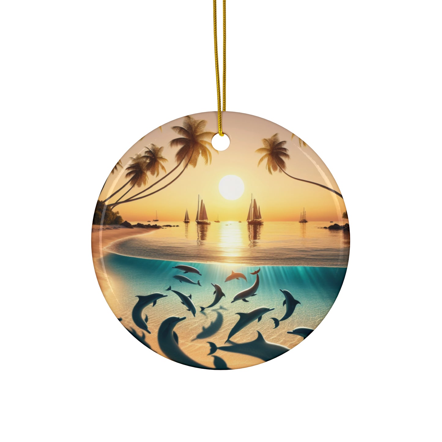 Ceramic Ornament Star, Heart, Snowflake or Circle 1111 "Paradise Serenade: A Tropical Sundown Symphony" - Tropical Beach Sunset with Palm Trees, Dolphins, and Sailboats